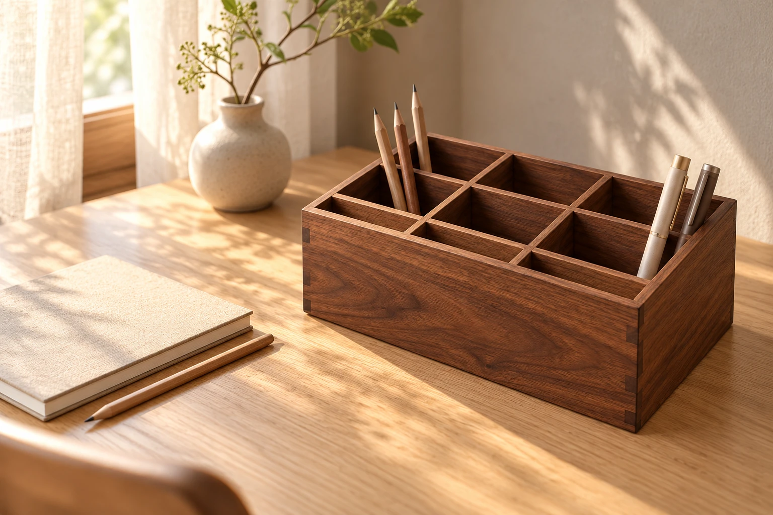 Natural wood and writing materials in a calm desk setting